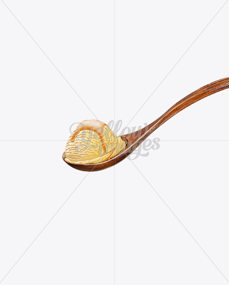 Wooden Spoon With Vanilla Ice Cream and Caramel Syrup in Object Mockups