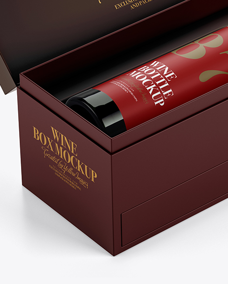 Download Opened Wine Box With Bottle Mockup Halfside View High Angle Shot In Box Mockups On Yellow Images Object Mockups Yellowimages Mockups