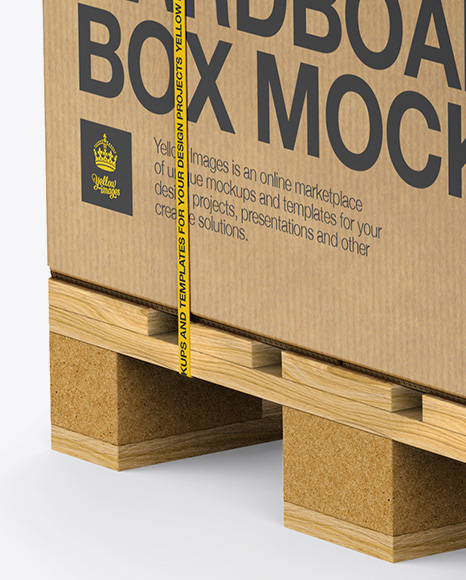 Wooden Pallet With Kraft Box & Straps Mockup - Half Side View