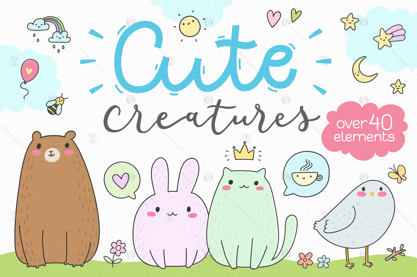 Download Cute Creatures Vector Set In Illustrations On Yellow Images Creative Store PSD Mockup Templates