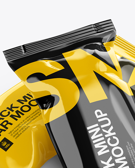 Download Two Glossy Snack Bars Mockup in Flow-Pack Mockups on Yellow Images Object Mockups