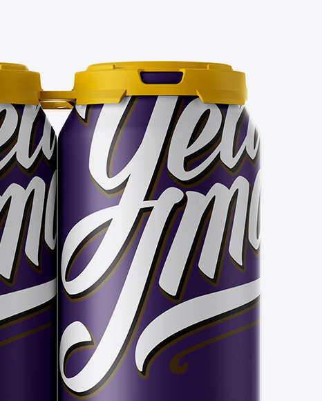 Pack With 4 Matte Aluminium Cans With Plastic Holder Front View In Can Mockups On Yellow Images Object Mockups