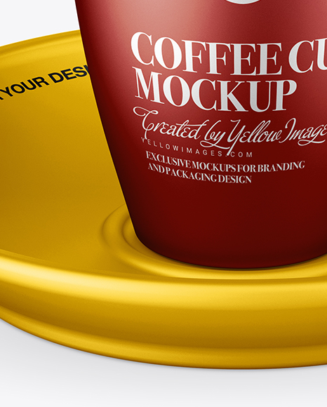 Matte Metallic Cup and Saucer Mockup (High-Angle Shot) on Yellow Images