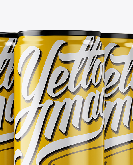 4 Glossy Aluminium Cans Mockup - Half Side View on Yellow Images Object