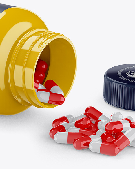 Opened Glossy Bottle W/ Pills in Bottle Mockups on Yellow Images Object ...