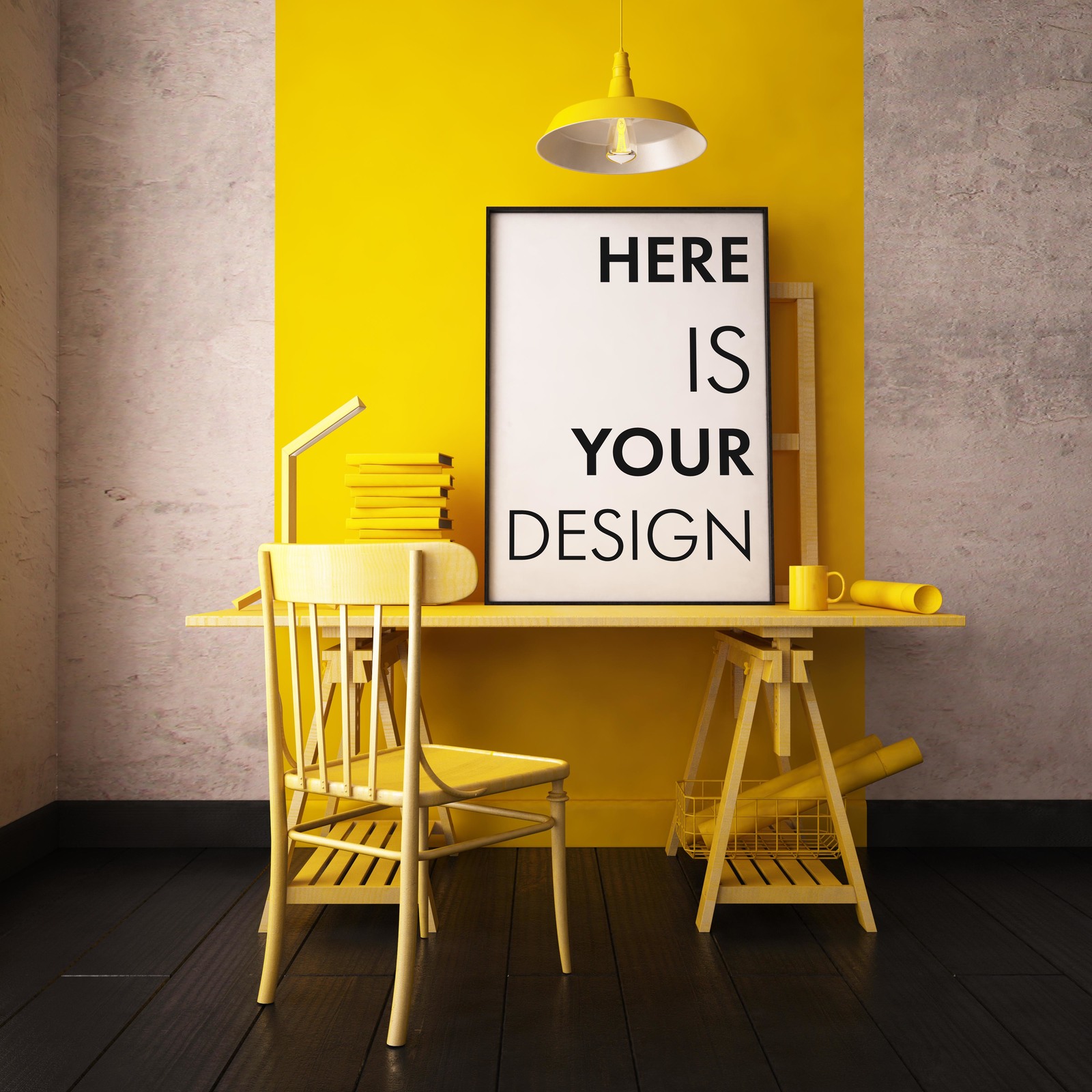 3 Color Interior With Mockup Poster In Indoor Advertising Mockups On Yellow Images Creative Store