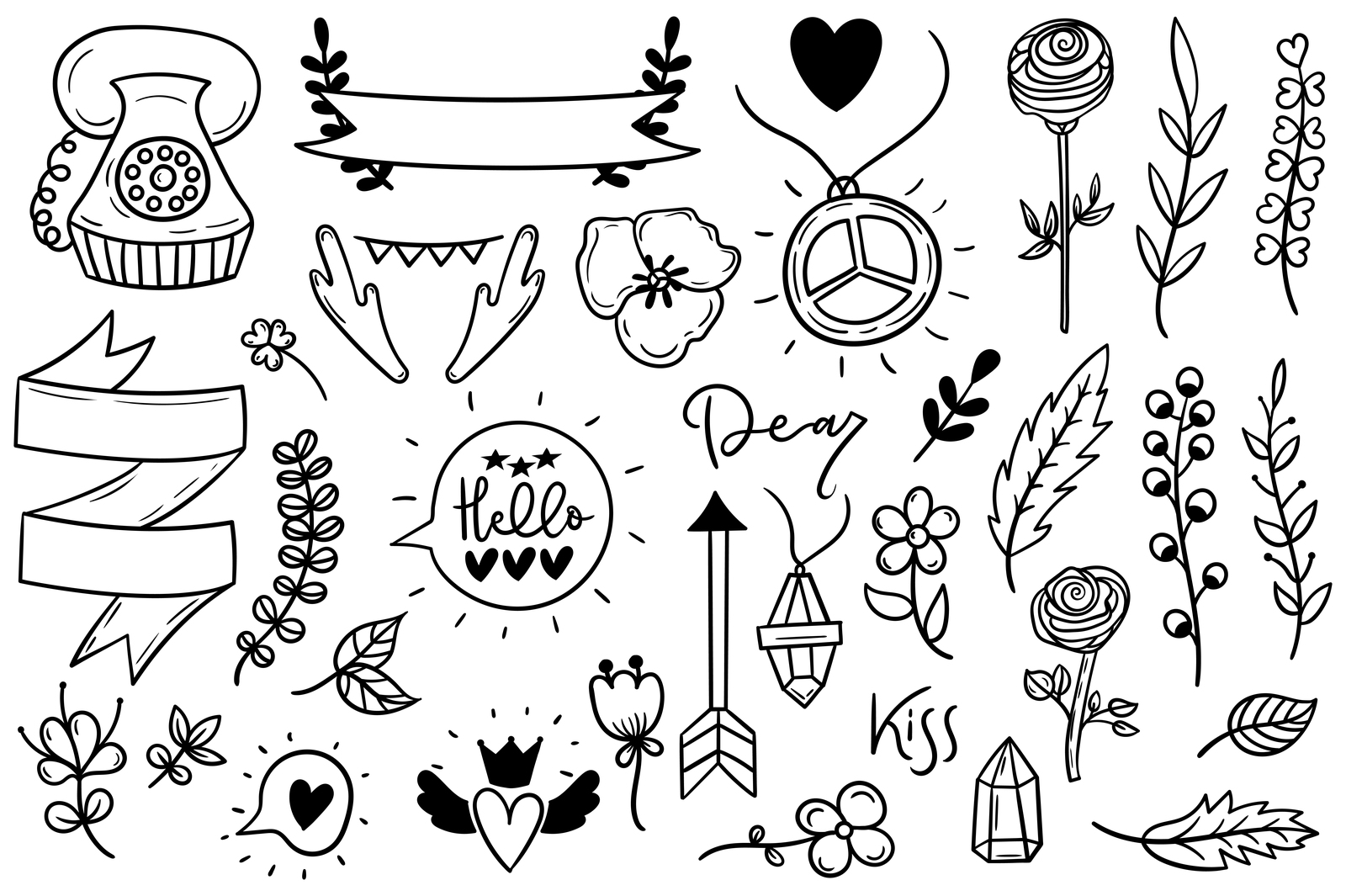 Set of cute boho doodles on Yellow Images Creative Store