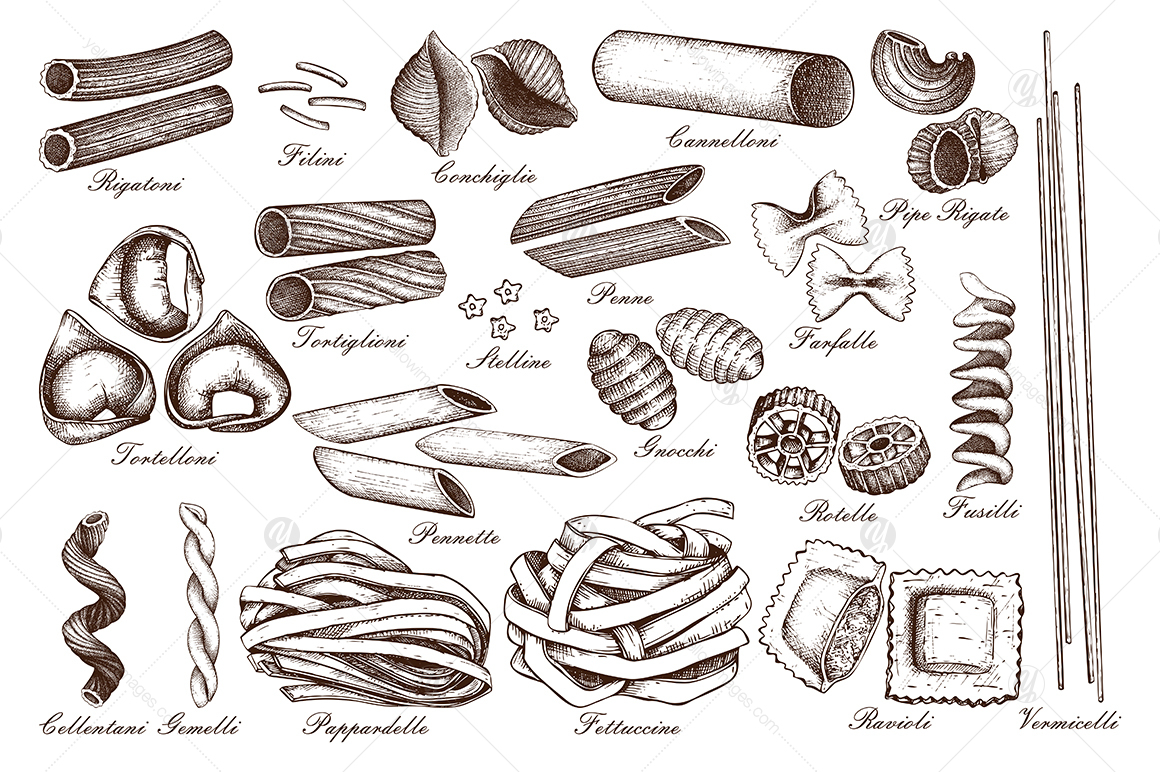 Hand Drawn Italian Pasta Collection in Illustrations on Yellow Images ...