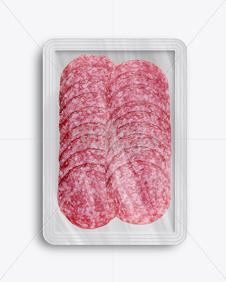 Download Plastic Vacuum Bag W Sliced Classic Salami Mockup In Tray Platter Mockups On Yellow Images Object Mockups