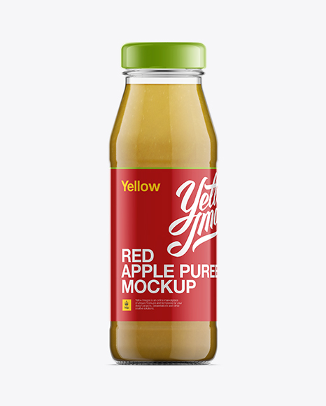 Glass Bottle W/ Apple Puree Mockup on Yellow Images Object Mockups