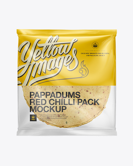 Download Red Chilli Pappadum Packaging Mockup In Flow Pack Mockups On Yellow Images Object Mockups