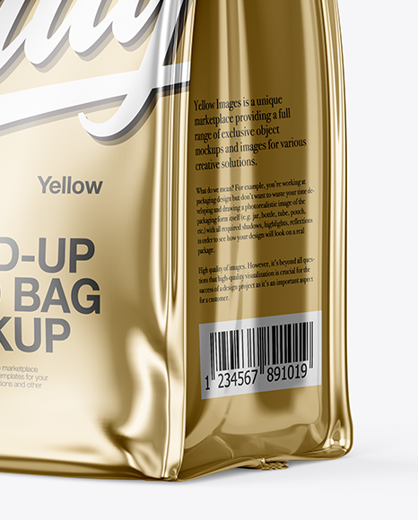 Download Metallic Food Bag Mockup Half Side View In Bag Sack Mockups On Yellow Images Object Mockups PSD Mockup Templates