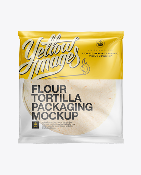 Download White Corn Tortillas Packaging Mockup in Flow-Pack Mockups on Yellow Images Object Mockups