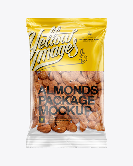 Download Clear Plastic Pack w/ Almonds Mockup in Flow-Pack Mockups on Yellow Images Object Mockups