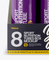 8 Glossy Sport Nutrition Tubes Display Box Mockup on Yellow Images