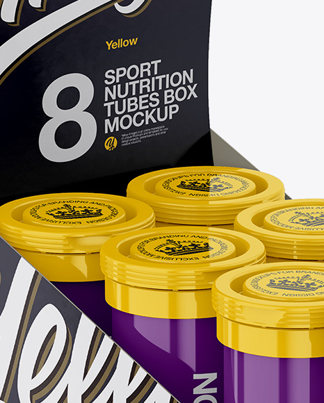 Download 8 Glossy Sport Nutrition Tubes Display Box Mockup Half Side View In Box Mockups On Yellow Images Object Mockups