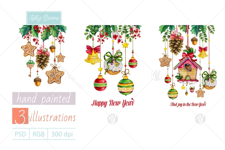 Download Free Watercolor Set Happy New Year In Illustrations On Yellow Images Creative Store PSD Mockup Template
