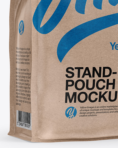 Download Stand Up Kraft Pouch W Sticker Mockup Half Side View In Pouch Mockups On Yellow Images Object Mockups PSD Mockup Templates