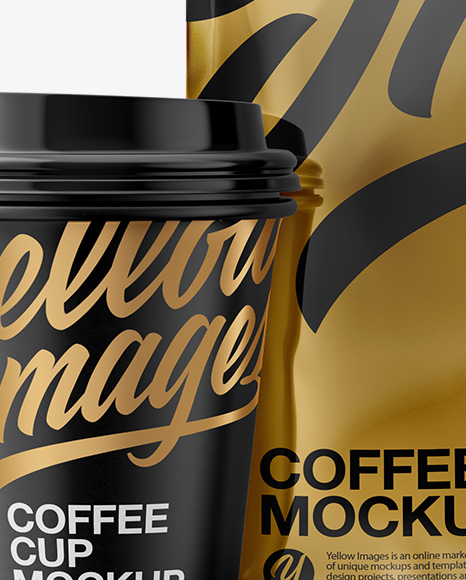 Metallic Bag With Coffee Cup Mockup Front View In Packaging Mockups On Yellow Images Object Mockups