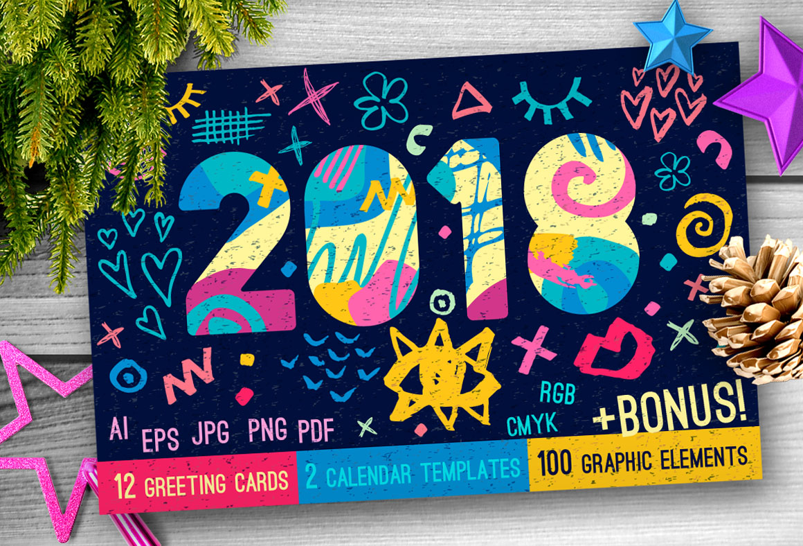 Download 2018 New Year Christmas Blue Bundle In Graphics On Yellow Images Creative Store PSD Mockup Templates