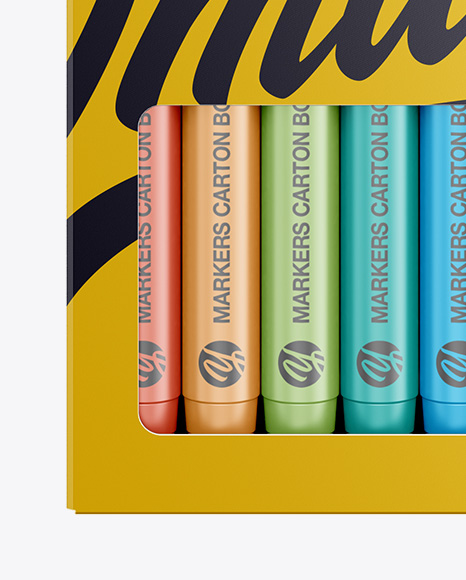 Download 7x Markers Carton Box Mockup In Stationery Mockups On Yellow Images Object Mockups