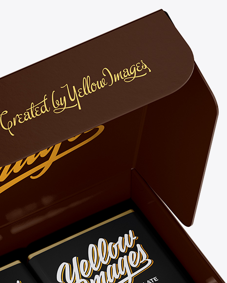 Download Opened Glossy Paper Box With Chocolates Mockup Half Side View High Angle Shot In Box Mockups On Yellow Images Object Mockups