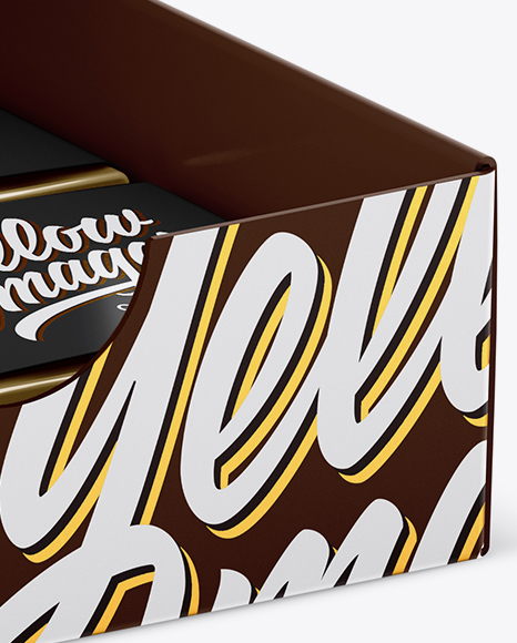 Download Opened Glossy Paper Box With Chocolates Mockup Half Side View In Box Mockups On Yellow Images Object Mockups