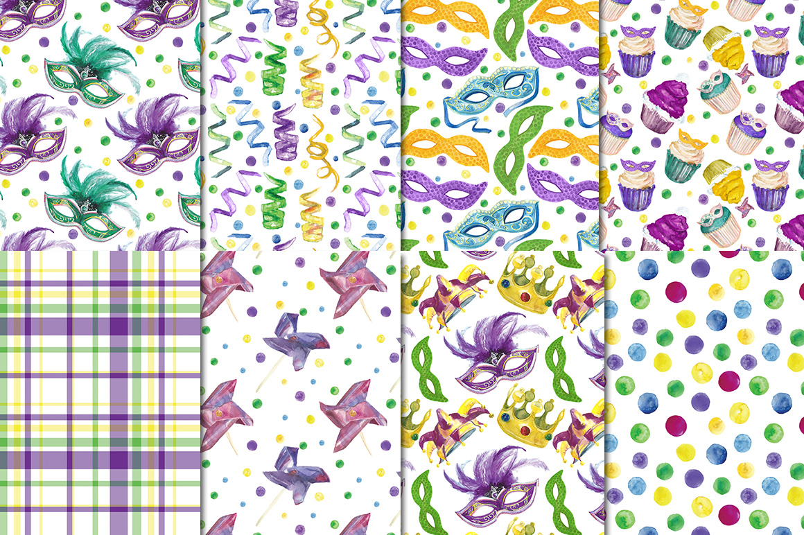 Mardi Gras watercolor set on Yellow Images Creative Store
