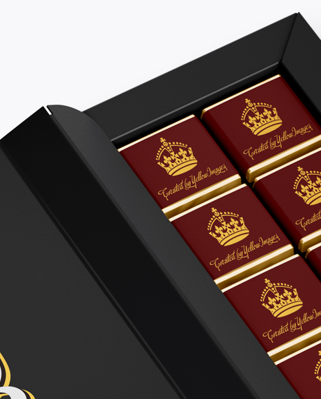 Download Opened Matte Chocolate Box Half Side View In Box Mockups On Yellow Images Object Mockups