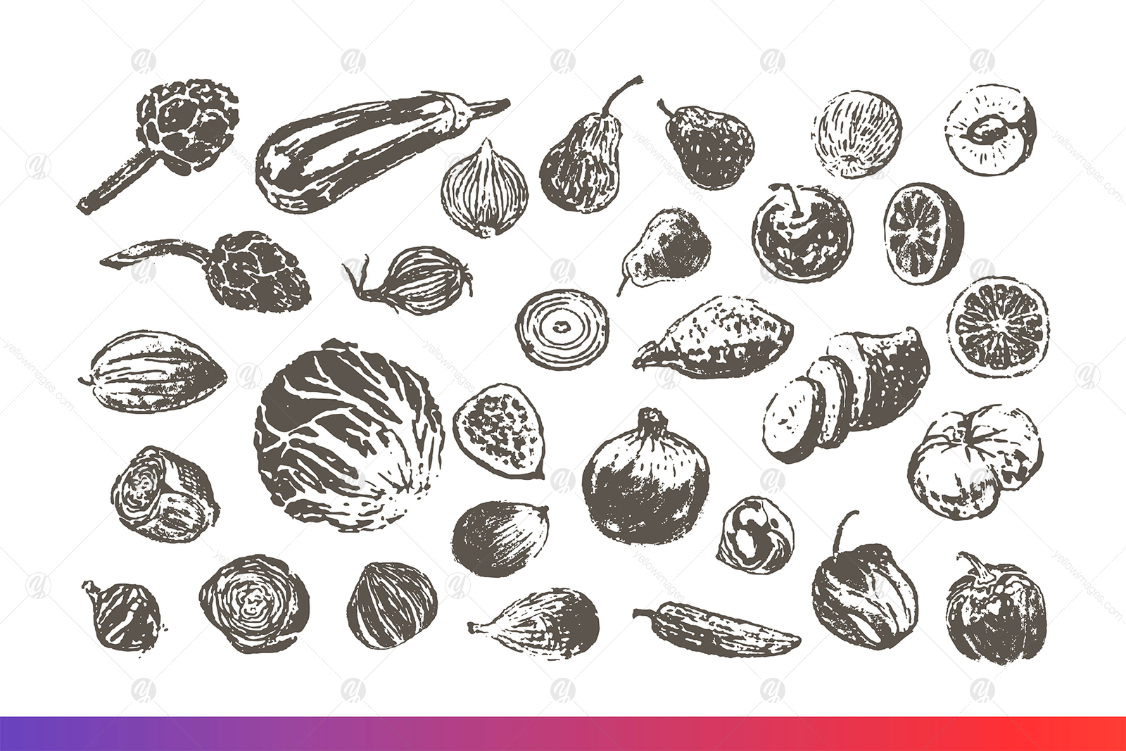 Fruits and Veggies Ink Drawings on Yellow Images Creative Store