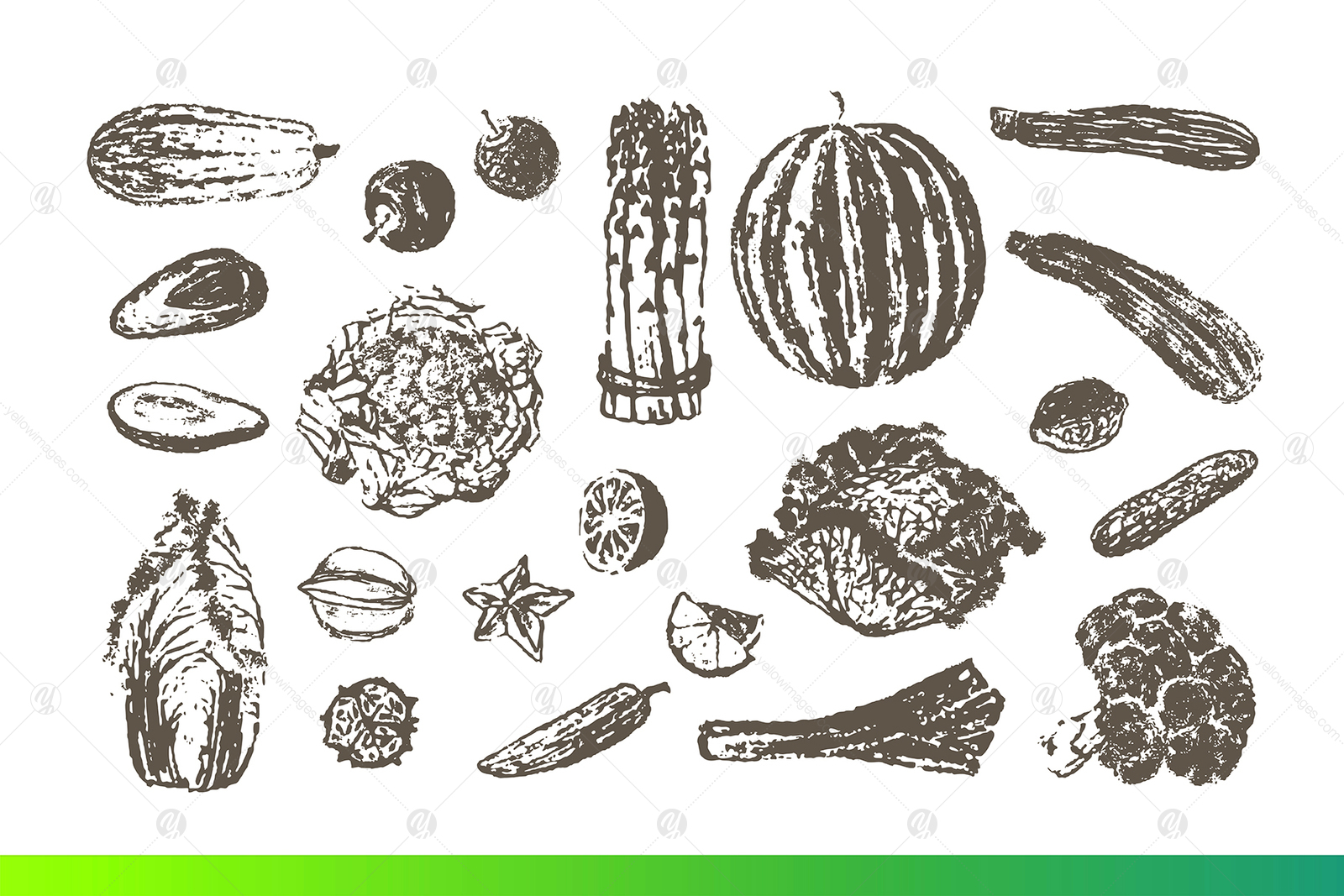 Fruits and Veggies Ink Drawings on Yellow Images Creative Store