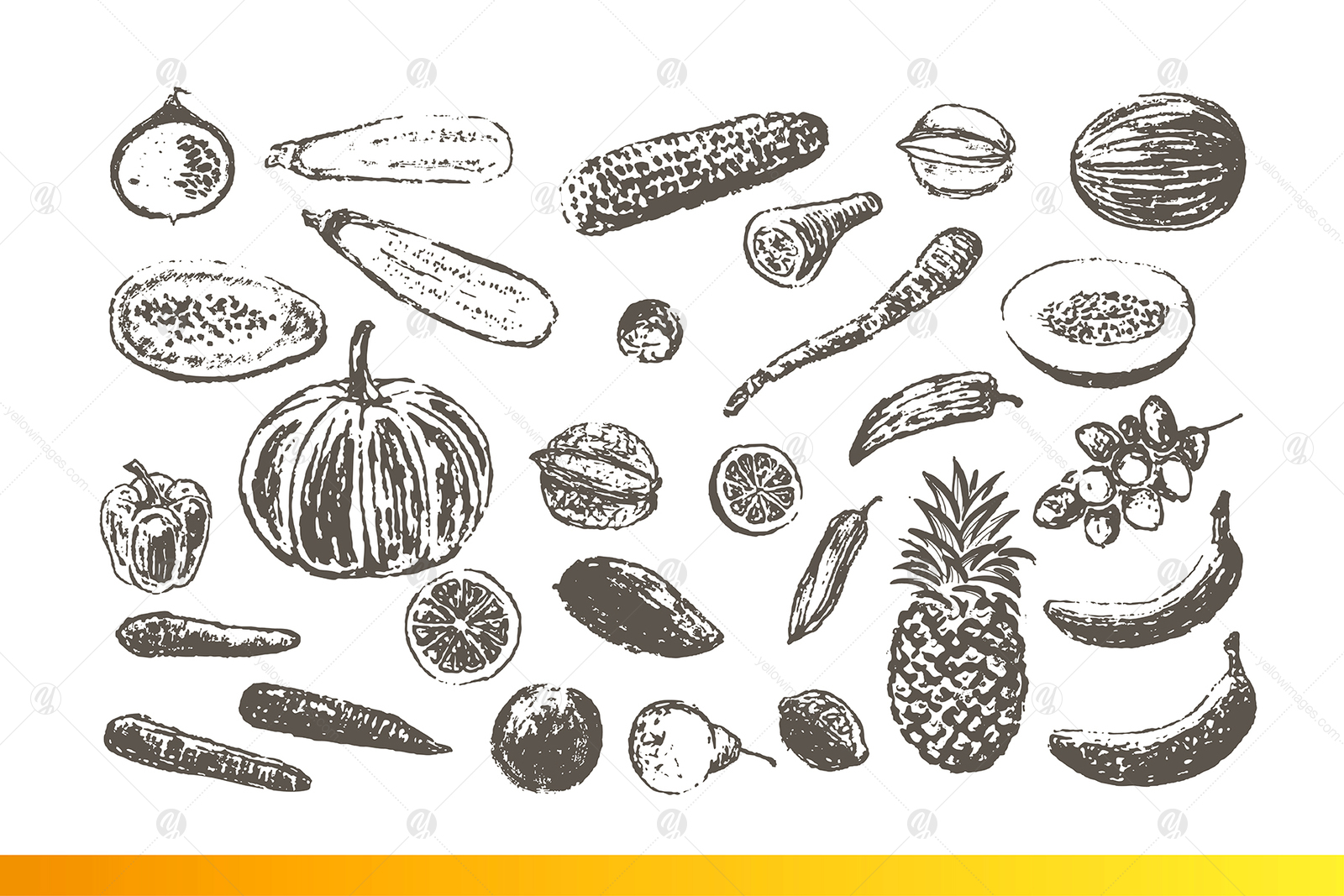 Fruits and Veggies Ink Drawings on Yellow Images Creative Store