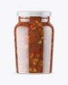 Clear Glass Jar with Bruschetta Sauce Mockup on Yellow Images Object