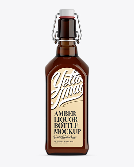 Liquor Amber Bottle Mockup W/ Flip-Top Cap - Front View on Yellow