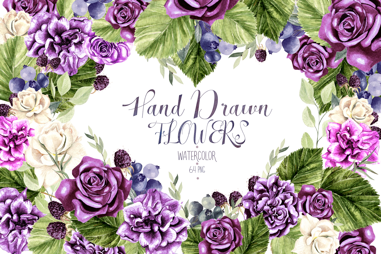 Hand Drawn Watercolor Flowers 64 PNG&VECTOR on Yellow Images Creative Store