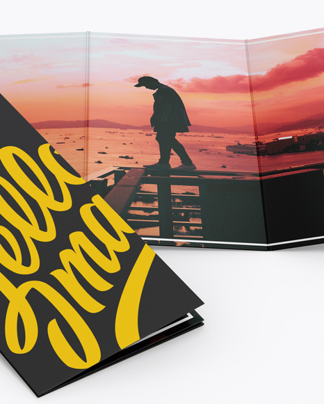 4xDL Brochures Mockup - High-Angle Shot on Yellow Images Object Mockups