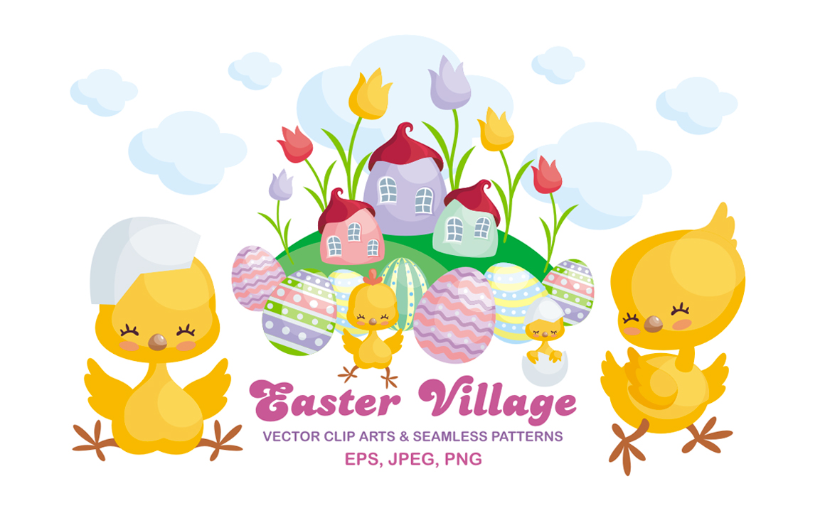 Download Free Easter Village Vector Clip Arts And Seamless Patterns In Illustrations PSD Mockup Template