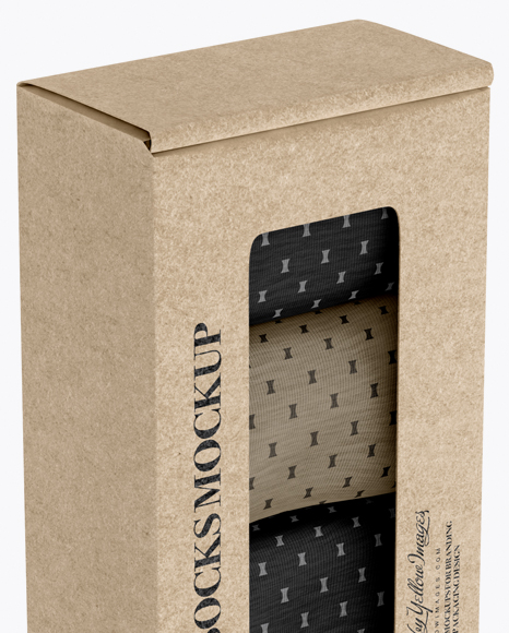 Kraft Paper Box With Socks Mockup Half Side View High Angle Shot In Box Mockups On Yellow Images Object Mockups