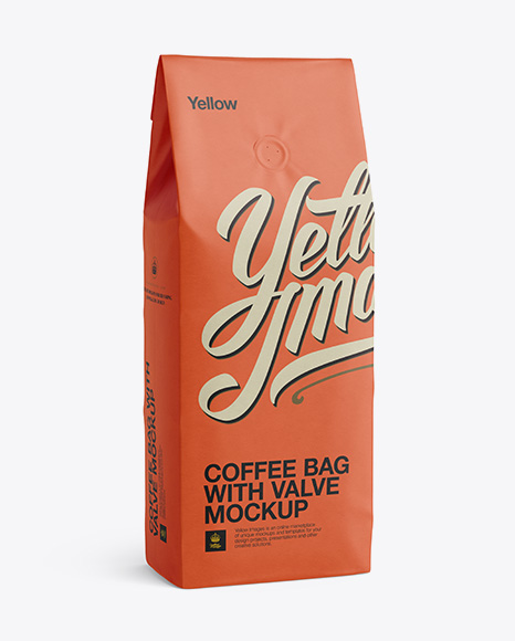 Coffee Bag With Valve Mockup - Half-Turned View on Yellow Images Object