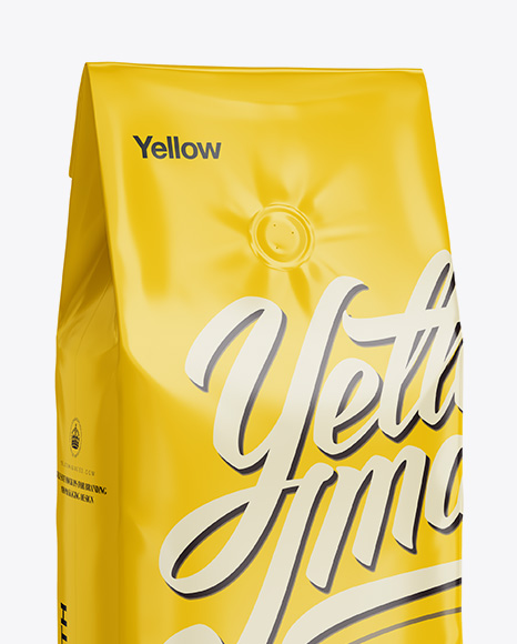 Download Glossy Coffee Bag With Valve Mockup - Half-Turned View in Bag & Sack Mockups on Yellow Images ...