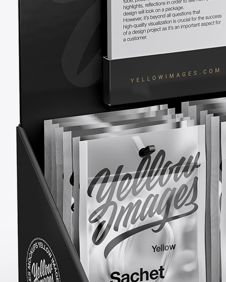 Download Display With Sachets Mockup Half Side View High Angle Shot In Sachet Mockups On Yellow Images Object Mockups PSD Mockup Templates