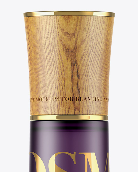 Frosted Glass Cosmetic Bottle W  Wooden Cap Mockup PSD #2