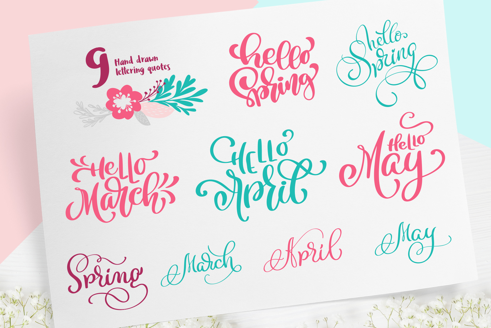 Spring Vector Lettering Floral Greeting Card In Illustrations On Yellow Images Creative Store