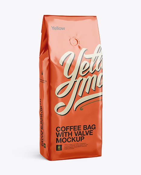 Download Foil Coffee Bag With Valve Mockup - Half-Turned View in Bag & Sack Mockups on Yellow Images ...