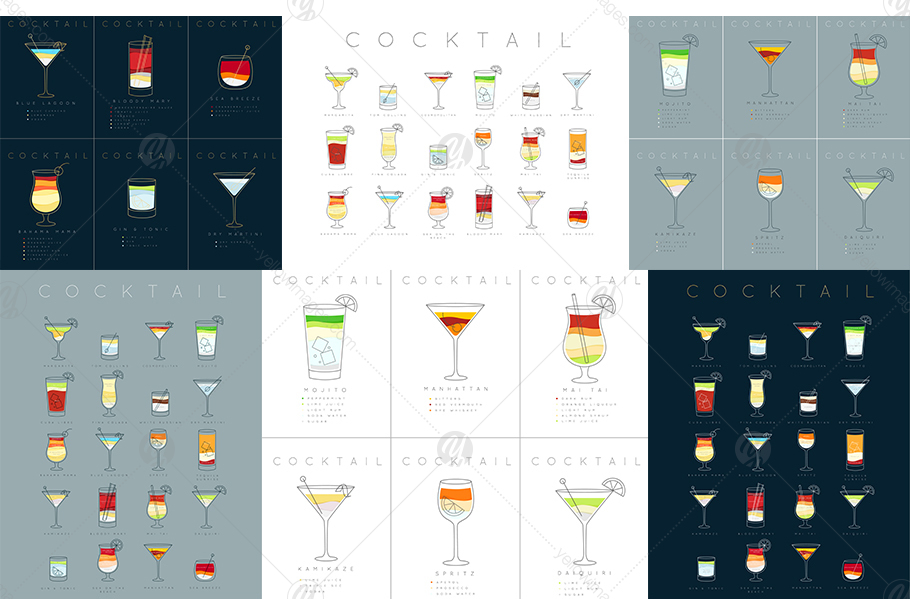 Cocktails Flat Posters on Yellow Images Creative Store