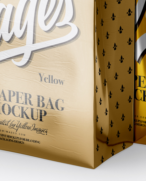 Two Metallic Paper Bags Mockup Half Side View In Bag Sack Mockups On Yellow Images Object Mockups