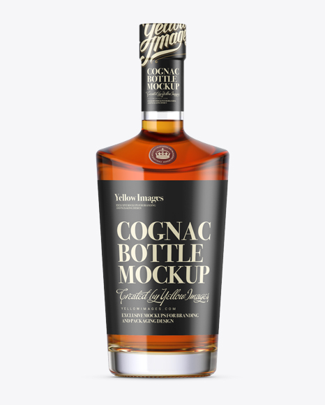 Clear Glass Cognac Bottle Mockup - Front View on Yellow Images Object