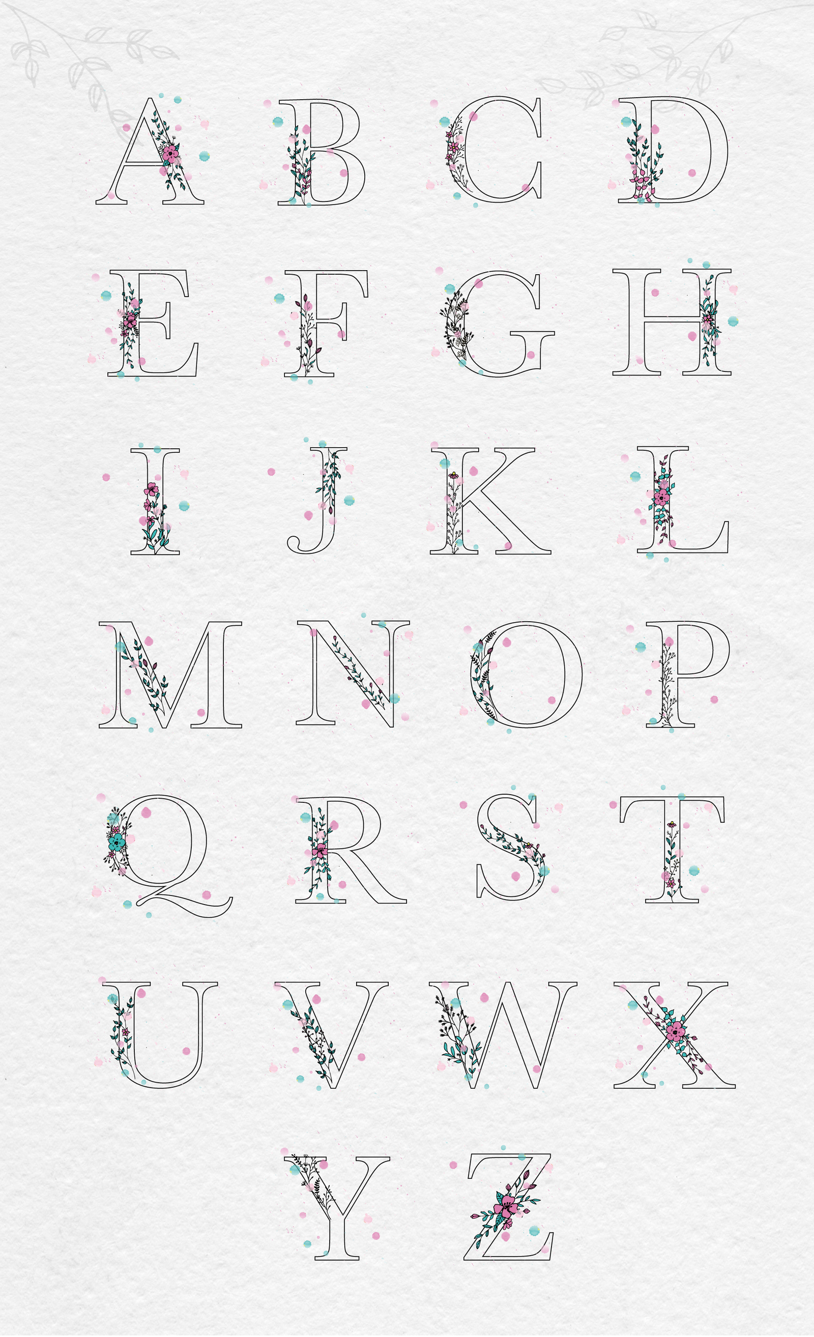 Floral Alphabet and Graphics on Yellow Images Creative Store