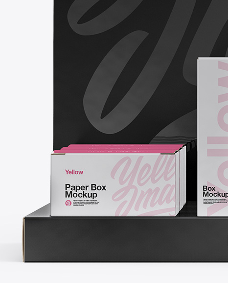 Download Display Box With Cosmetic Boxes Bottles Front View In Box Mockups On Yellow Images Object Mockups PSD Mockup Templates