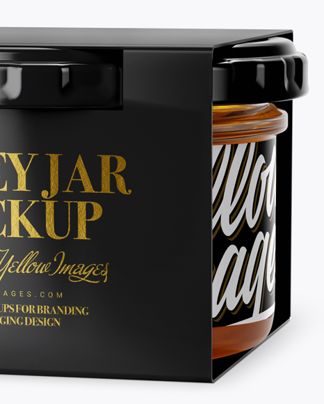 Clear Glass Honey Jar in Paperboard Sleeve Mockup Clear Glass Honey Jar in Paperboard Sleeve Mockup
